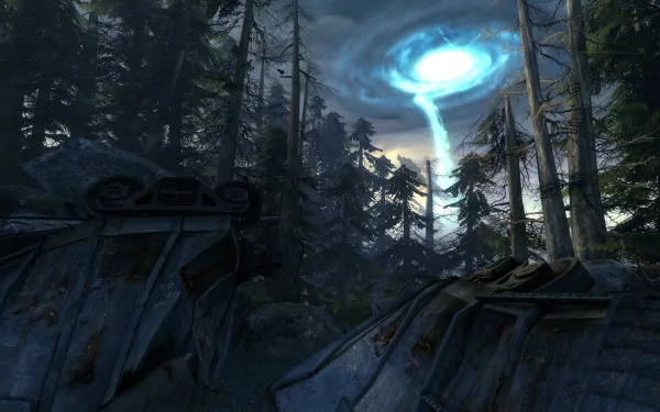 A stunning HD wallpaper from Half-Life 2, showcasing a mysterious blue vortex in a dark forest, surrounded by remnants of a sci-fi landscape.