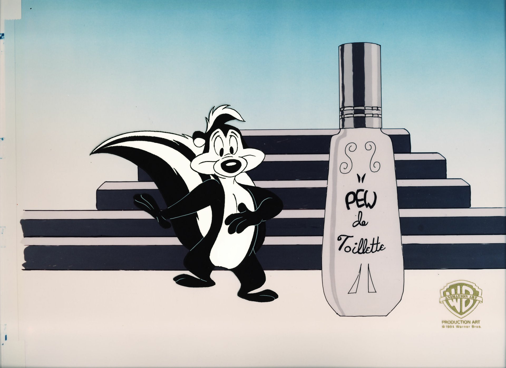 HD desktop wallpaper featuring Pepé Le Pew from the Looney Tunes TV show, standing next to a large cologne bottle against a simple staircase background.