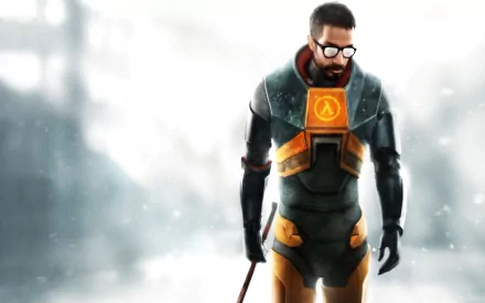 HD wallpaper featuring Gordon Freeman from the video game Half-Life 2, showing him in his iconic HEV suit, holding a crowbar against a blurred, snowy background.