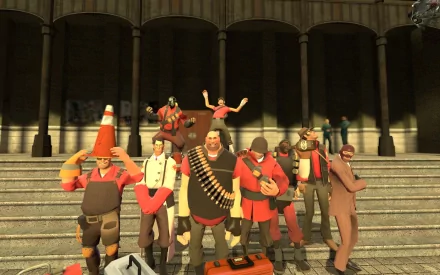 A vibrant Team Fortress 2 scene featuring the game's iconic characters, gathered together on a grand staircase, making for an engaging HD PC desktop wallpaper and background.