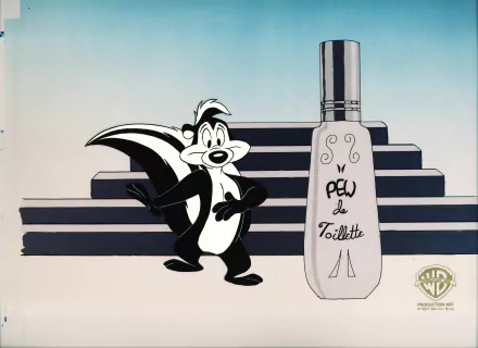 HD desktop wallpaper featuring Pepé Le Pew from the Looney Tunes TV show, standing next to a large cologne bottle against a simple staircase background.
