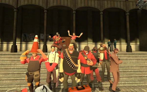 A vibrant Team Fortress 2 scene featuring the game's iconic characters, gathered together on a grand staircase, making for an engaging HD PC desktop wallpaper and background.