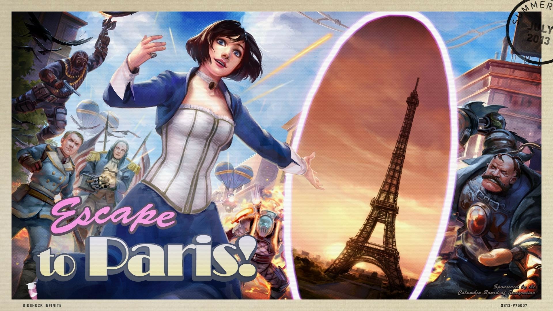 HD PC desktop wallpaper featuring a dynamic scene from Bioshock Infinite with a female character escaping through a portal to the Eiffel Tower in Paris.