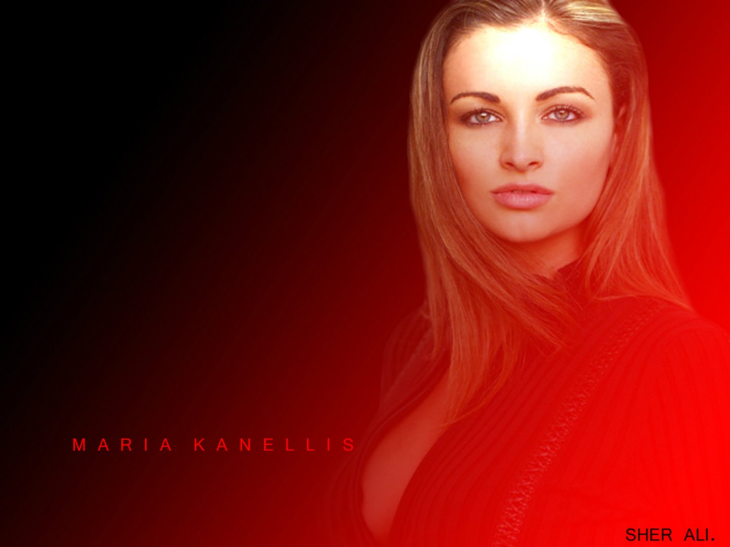 HD PC desktop wallpaper featuring Maria Kanellis with a bold red gradient background, highlighting her as a prominent figure in sports entertainment.