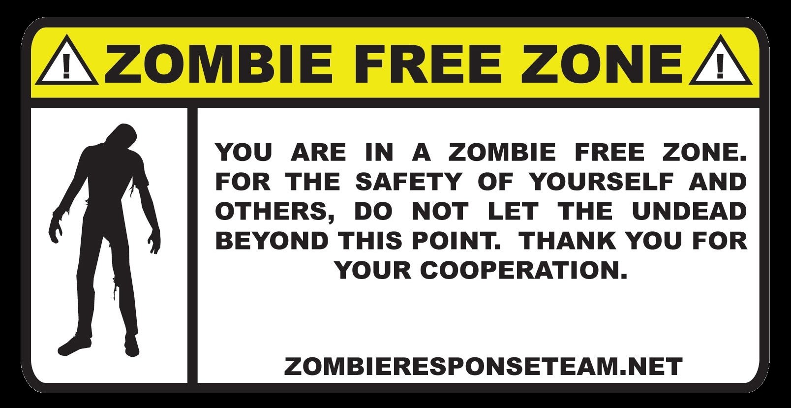 HD PC desktop wallpaper with a dark, bold Zombie Free Zone warning sign, featuring a silhouette zombie figure and cautionary text for safety.
