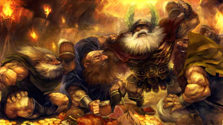 Dragons Crown video game 2K Quad HD PC desktop wallpaper and background: rowdy dwarven warriors feasting on coins in a fiery cavern.