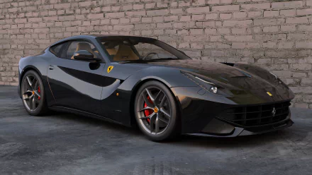 A sleek Ferrari F12berlinetta in matte black parked in front of a gray brick wall, serving as a high-definition desktop wallpaper.