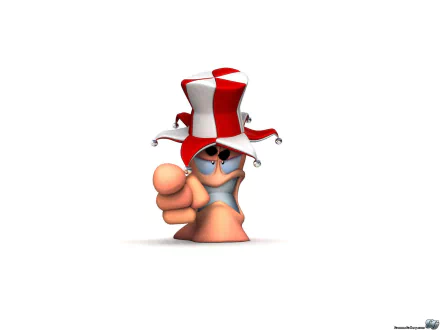 HD PC desktop wallpaper of a Worms video game character: a cartoon worm in sunglasses wearing a red-and-white jester hat, pointing at the viewer on a white background.
