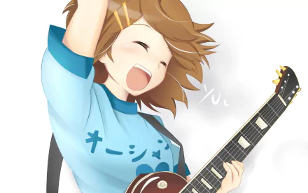 HD desktop wallpaper from the anime K-ON!, featuring Yui Hirasawa energetically playing a guitar, expressing joy.