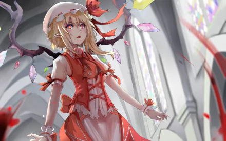 Anime character Flandre Scarlet, a blonde vampire from Touhou, in an elegant red outfit inside a cathedral, framed by colored glass windows; a vivid HD desktop wallpaper.