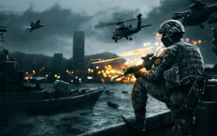 HD wallpaper of Battlefield 4 featuring a soldier aiming a gun, warships on water, helicopters in the sky, and a dark, intense battlefield setting with explosions in the background.