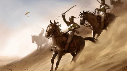 HD desktop wallpaper featuring cavalry charging through a sandy terrain, inspired by the video game Napoleon: Total War. The image captures dynamic movement and historical warfare.