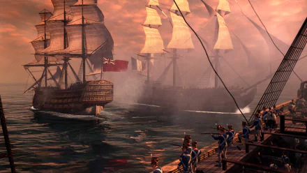 An epic scene from Napoleon: Total War, featuring vintage warships engaged in battle at sea under a dramatic sunset, serving as a striking HD PC desktop wallpaper.