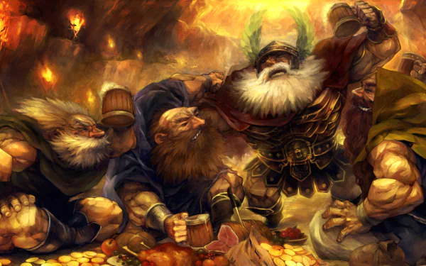 Dragons Crown video game 2K Quad HD PC desktop wallpaper and background: rowdy dwarven warriors feasting on coins in a fiery cavern.