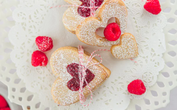 HD PC desktop wallpaper featuring heart-shaped cookies with raspberry jam, powdered sugar, and fresh raspberries on a delicate lace doily, tagged food and cookie.