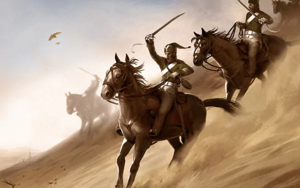 HD desktop wallpaper featuring cavalry charging through a sandy terrain, inspired by the video game Napoleon: Total War. The image captures dynamic movement and historical warfare.