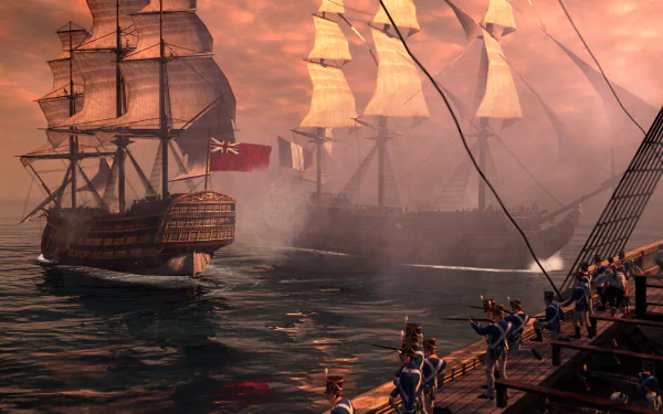 An epic scene from Napoleon: Total War, featuring vintage warships engaged in battle at sea under a dramatic sunset, serving as a striking HD PC desktop wallpaper.
