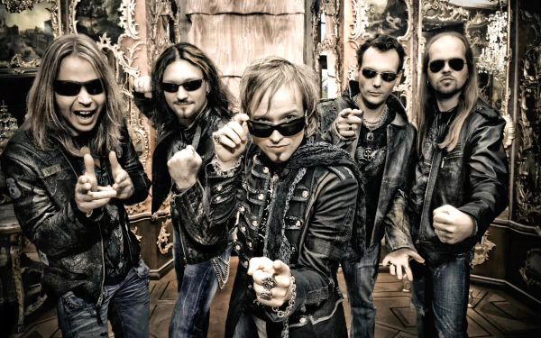 4K Ultra HD PC desktop wallpaper of a five-member rock band in leather jackets and sunglasses posing defiantly in an ornate room — bold, gritty music-themed background.