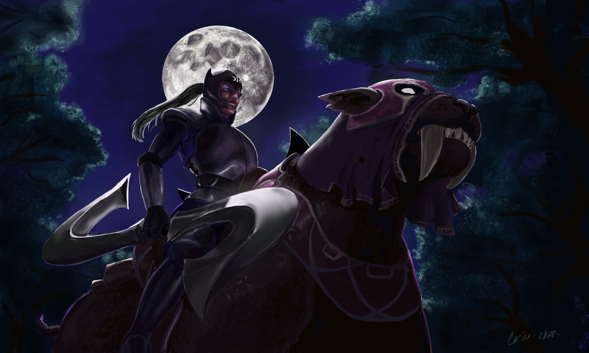 HD PC desktop wallpaper featuring a dark, mysterious DotA 2 character riding a fierce armored beast under a full moon in a shadowy forest.