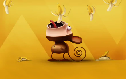 A whimsical, artistic illustration of a monkey with a surprised expression, surrounded by floating bananas on a bright yellow background, serving as an HD desktop wallpaper.