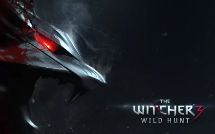 HD desktop wallpaper of The Witcher 3: Wild Hunt featuring a menacing metallic wolf head with glowing red eyes on a dark smoky background.