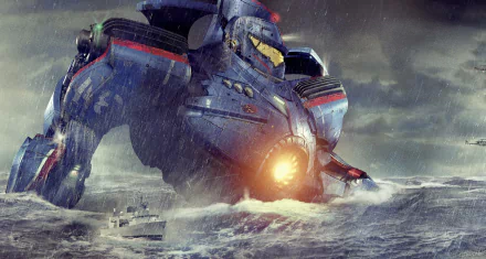 HD desktop wallpaper from the movie Pacific Rim featuring a giant robot (Jaeger) wading through an ocean storm.