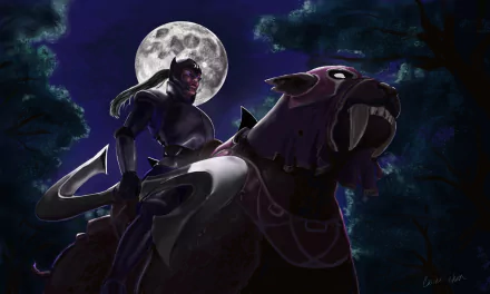 HD PC desktop wallpaper featuring a dark, mysterious DotA 2 character riding a fierce armored beast under a full moon in a shadowy forest.