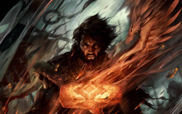 An intense fantasy illustration from The Wheel of Time, featuring a dark-haired man wielding fiery magic amidst dynamic, swirling elements, creating a captivating HD desktop wallpaper.