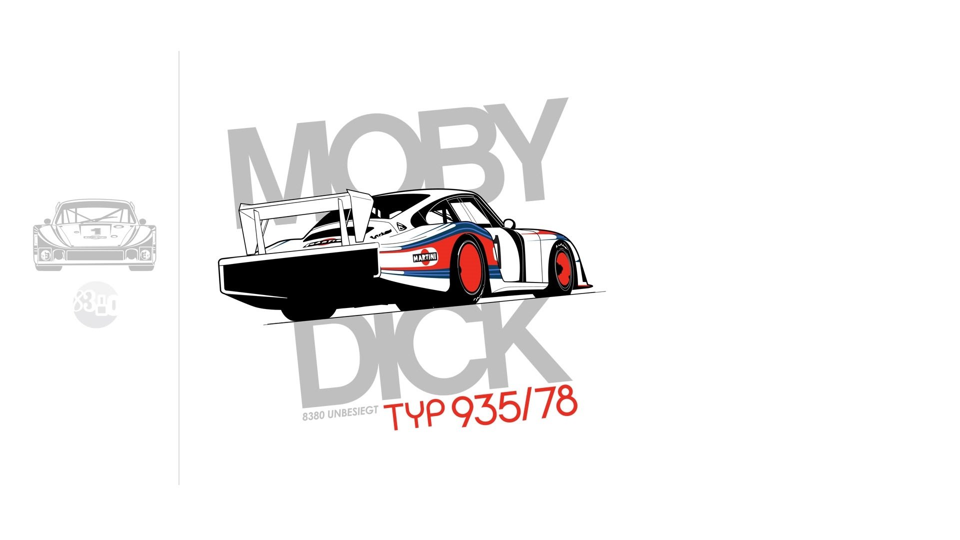 HD PC desktop wallpaper and background featuring a stylized Porsche race vehicle — Typ 935/78 Moby Dick — illustrated on a clean white backdrop.
