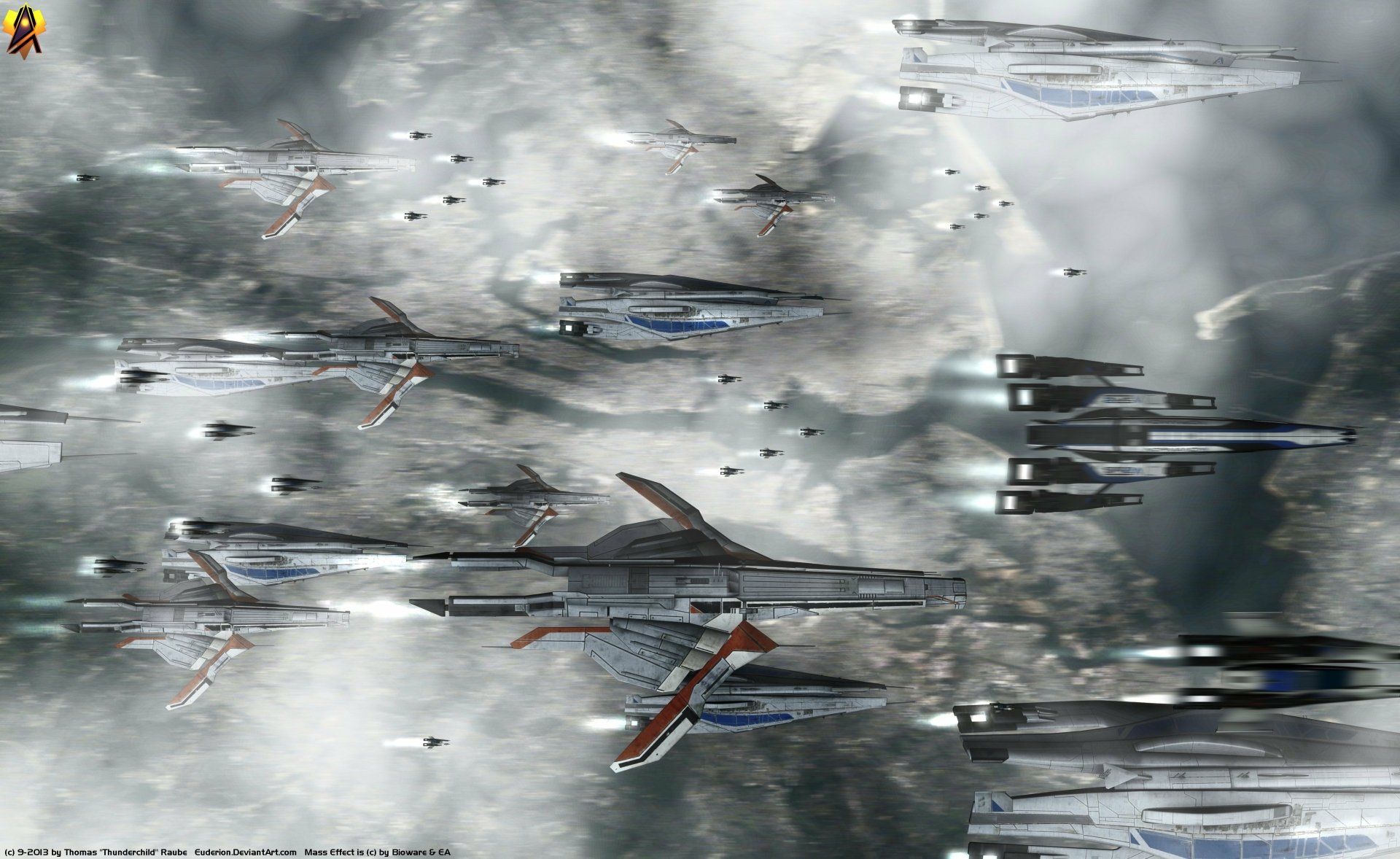 4K Ultra HD desktop wallpaper featuring Turian starships from the Mass Effect video game series against a cloudy space backdrop.