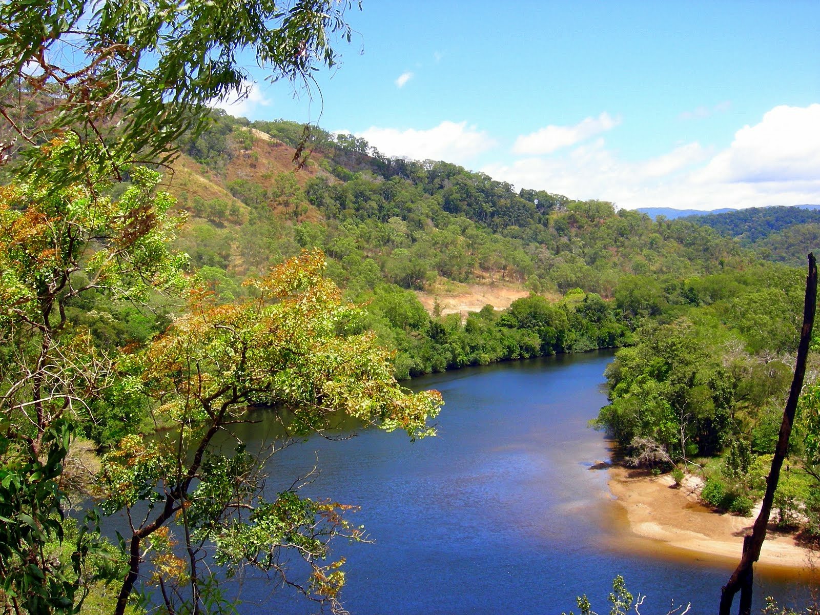 Lush green hills and trees surround a calm river under a bright blue sky, showcasing the natural beauty of Cape York in this HD PC desktop wallpaper.