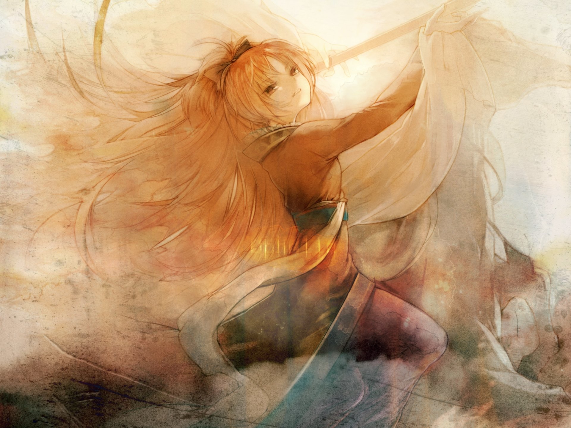 HD PC desktop wallpaper featuring Kyōko Sakura from the anime Puella Magi Madoka Magica, depicted in warm, flowing tones with dynamic movement.