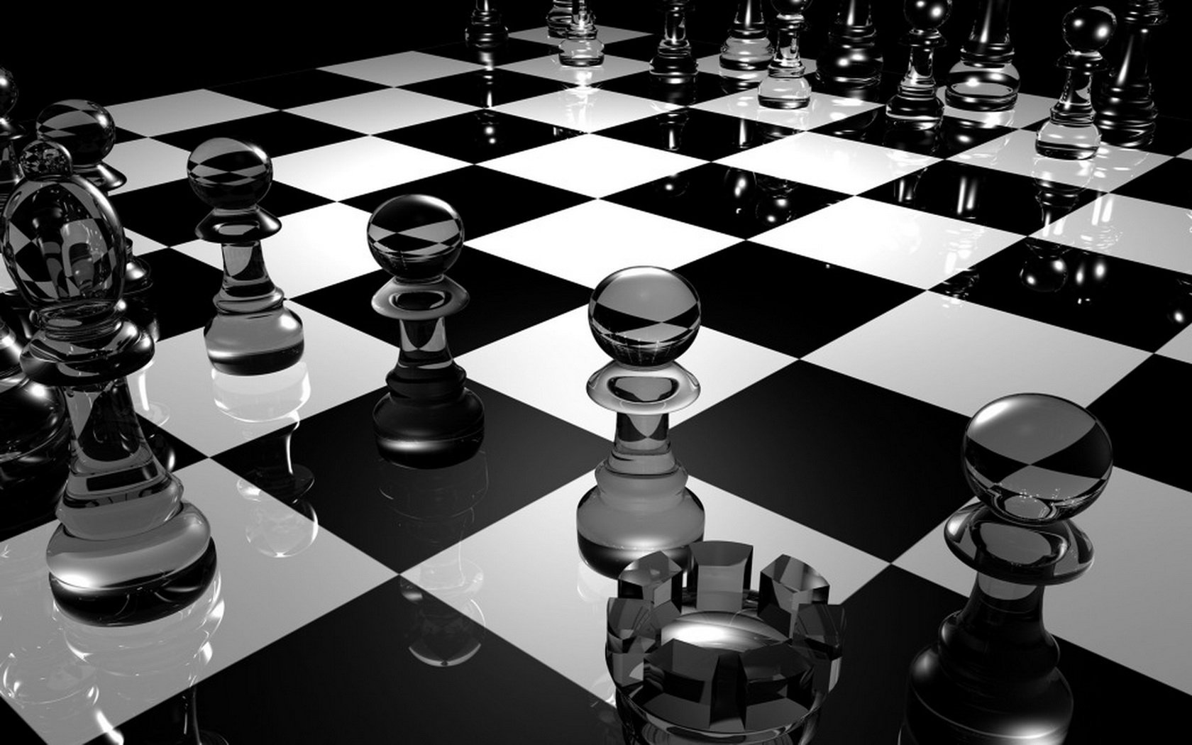 HD desktop wallpaper featuring a man-made glass chess set on a reflective black and white chessboard, showcasing intricate details and a modern design.