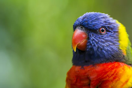 Close-up of a vibrant rainbow lorikeet displaying striking blue, green, and orange feathers, set against a soft green background. This image makes a stunning HD desktop wallpaper.