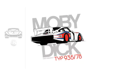 HD PC desktop wallpaper and background featuring a stylized Porsche race vehicle — Typ 935/78 Moby Dick — illustrated on a clean white backdrop.