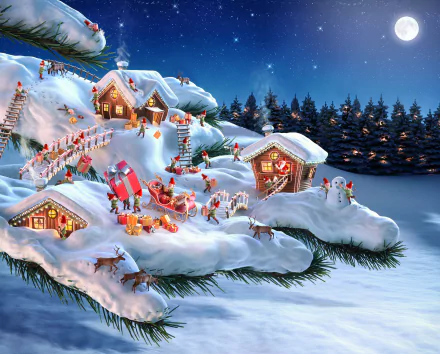 HD wallpaper depicting a vibrant Christmas scene with Santa, a snowman, and elves delivering gifts in a snowy village adorned with festive lights.