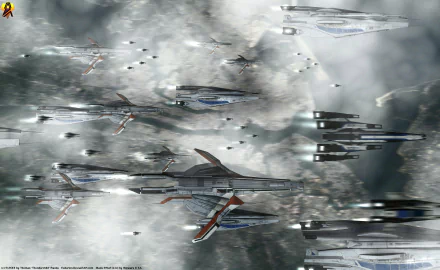 4K Ultra HD desktop wallpaper featuring Turian starships from the Mass Effect video game series against a cloudy space backdrop.