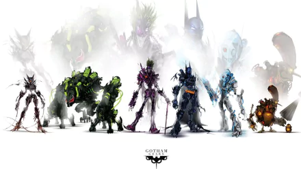 HD PC desktop wallpaper collage featuring stylized versions of Batman, Scarecrow, Mr. Freeze, Joker, and Catwoman from the DC Comics Gotham universe.