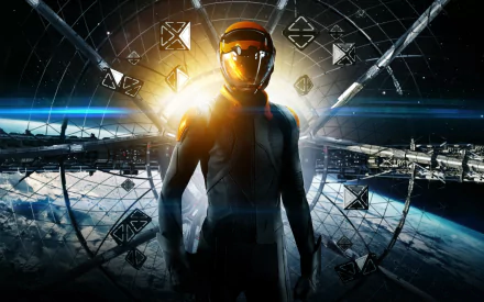 4K Ultra HD Ender's Game movie wallpaper features a futuristic space scene with a helmeted figure standing in front of a vast space station orbiting Earth.