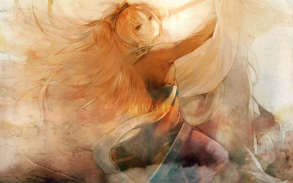 HD PC desktop wallpaper featuring Kyōko Sakura from the anime Puella Magi Madoka Magica, depicted in warm, flowing tones with dynamic movement.
