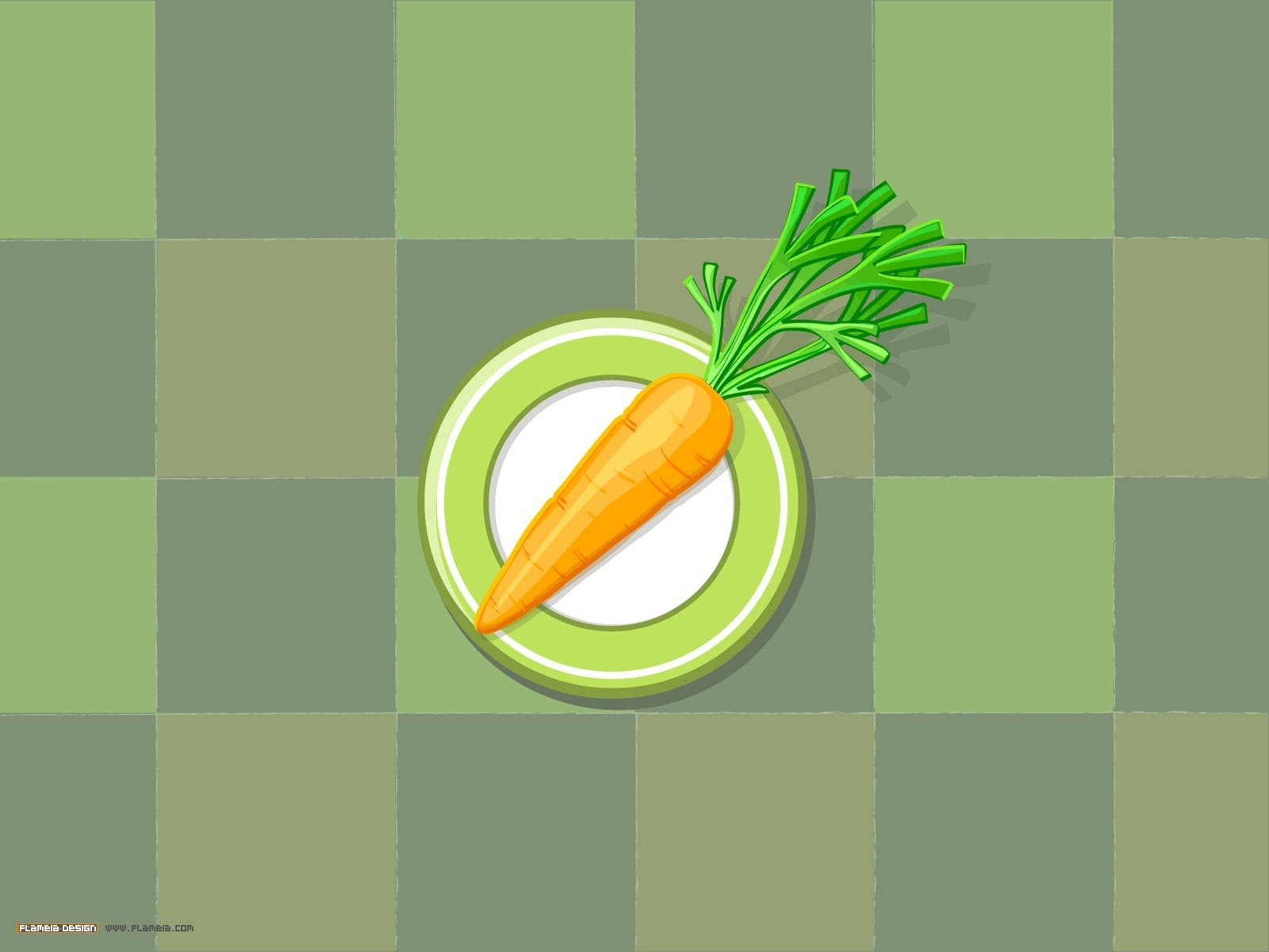 HD PC desktop wallpaper featuring a vibrant carrot on a green and beige checkered background, highlighting fresh food in a clean, minimalist style.