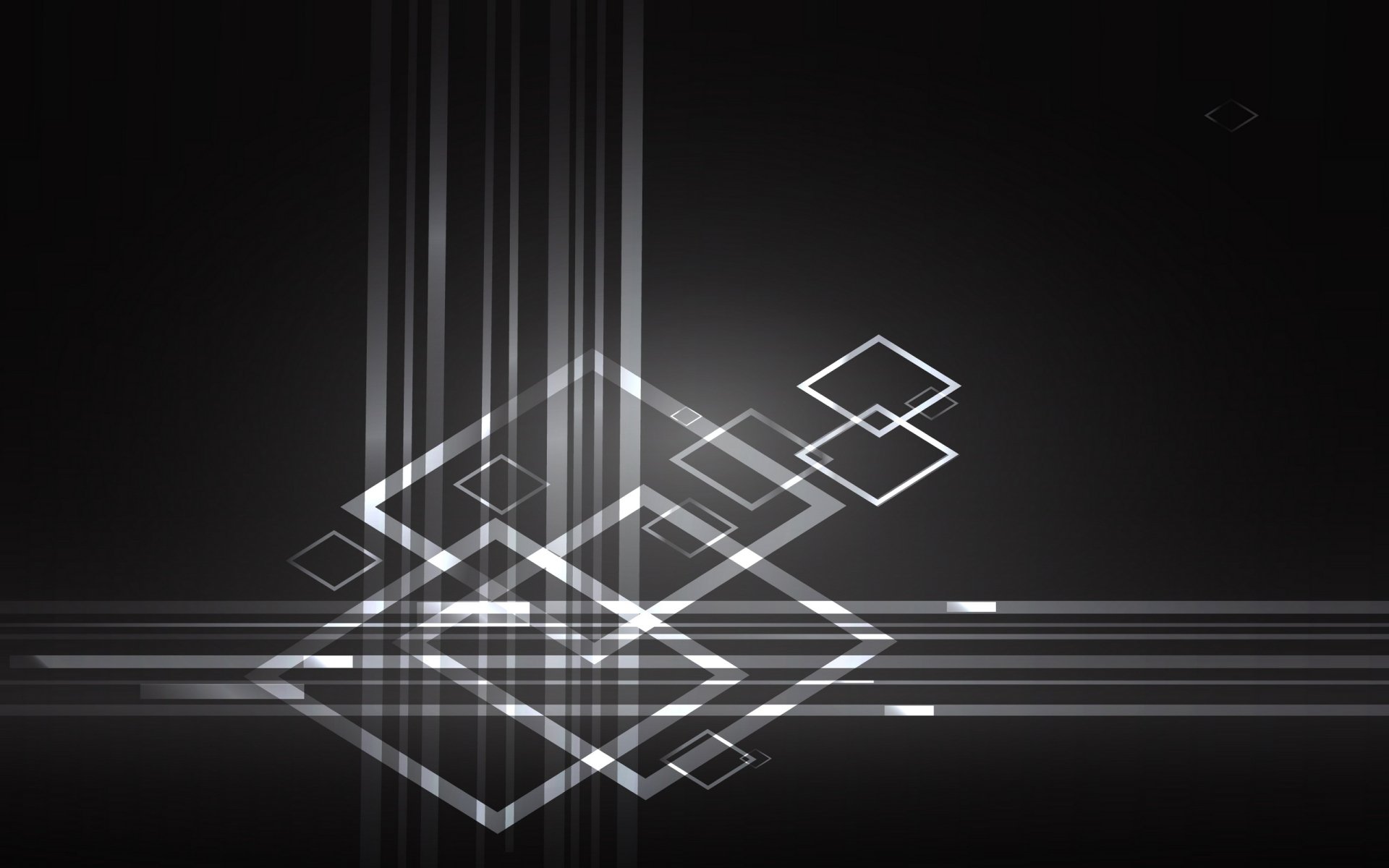 Abstract vector design featuring overlapping translucent squares and vertical and horizontal light streaks on a dark background, created as an HD PC desktop wallpaper.