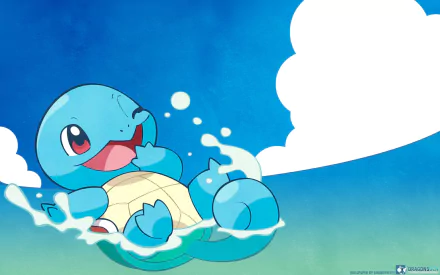HD desktop wallpaper featuring Squirtle from Pokémon anime, with a cheerful expression, splashing in water against a vibrant blue sky with fluffy white clouds.