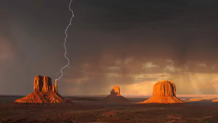 A striking lightning bolt illuminates Monument Valley's iconic sandstone formations against a dramatic desert sky, creating a captivating HD wallpaper backdrop.