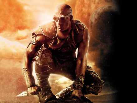 A dynamic HD wallpaper featuring a character from the movie Riddick, showcasing an intense pose against a backdrop of dramatic colors and celestial elements.