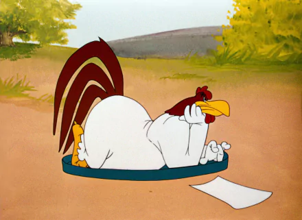 Foghorn Leghorn from the Looney Tunes TV show relaxing on the ground in a vibrant HD desktop wallpaper background.