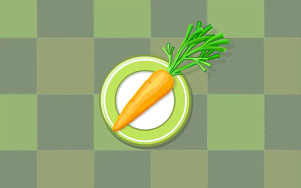 HD PC desktop wallpaper featuring a vibrant carrot on a green and beige checkered background, highlighting fresh food in a clean, minimalist style.