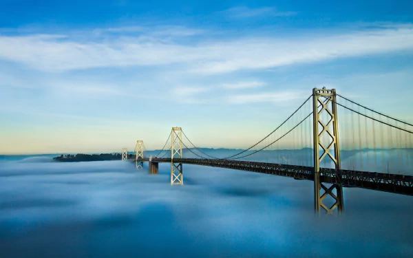A stunning HD desktop wallpaper of San Francisco's Bay Bridge emerging above a thick layer of fog under a clear blue sky.