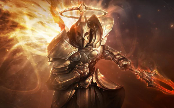 HD desktop wallpaper from Diablo III featuring a warrior in armor wielding a flaming sword, set against a fiery, mystical background.