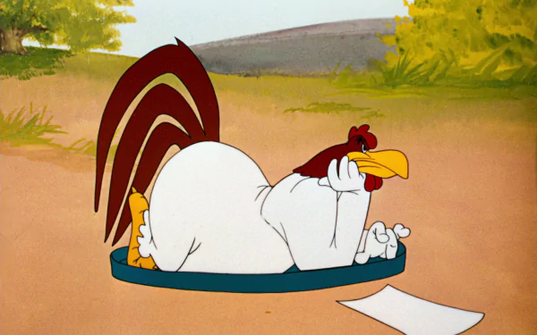 Foghorn Leghorn from the Looney Tunes TV show relaxing on the ground in a vibrant HD desktop wallpaper background.